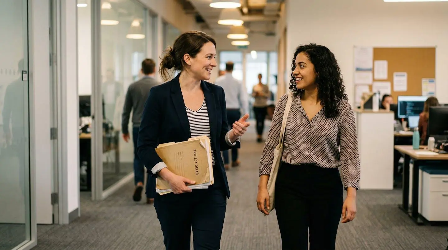 Deux collègues échangent de manière informelle dans un couloir de bureau, l'un tenant un dossier