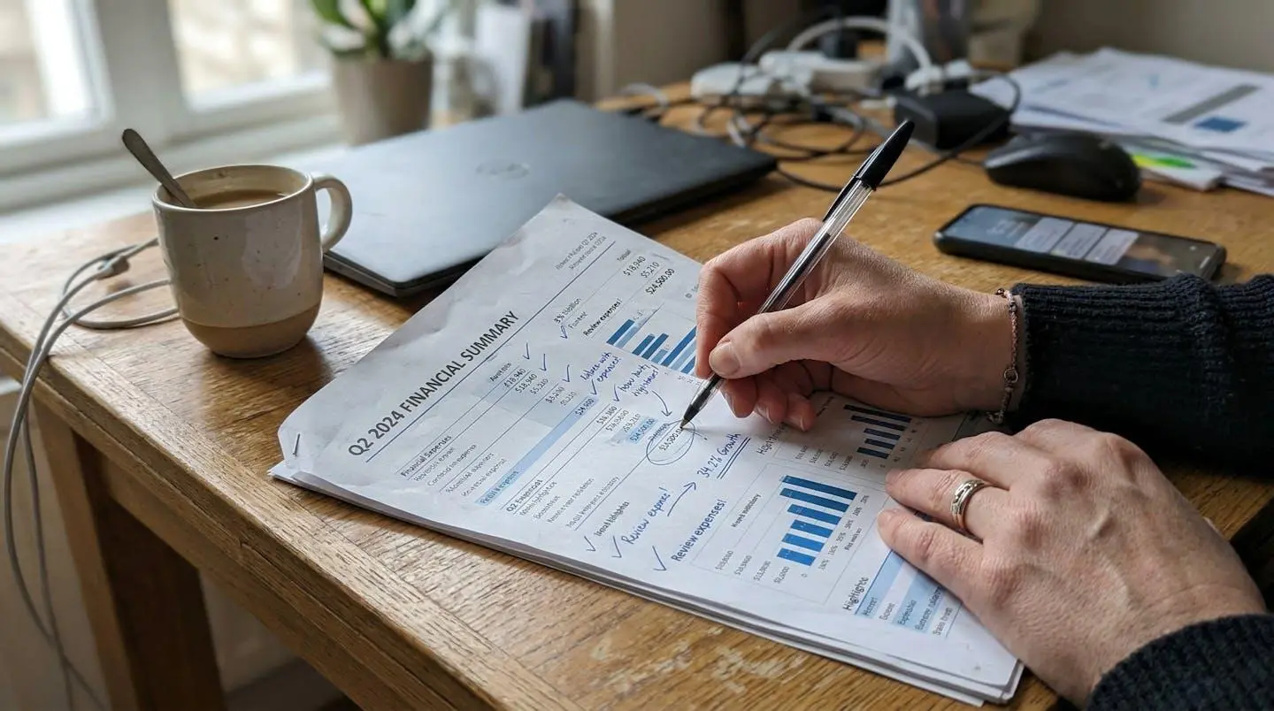 Des mains annotent un document comportant des colonnes de chiffres avec un stylo sur un bureau de travail ordinaire