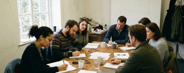 Des adultes attentifs prennent des notes autour d'une table dans une petite salle de réunion éclairée par la lumière naturelle