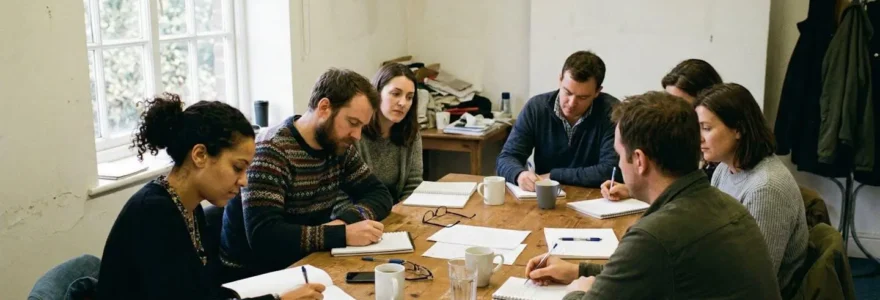 Des adultes attentifs prennent des notes autour d'une table dans une petite salle de réunion éclairée par la lumière naturelle